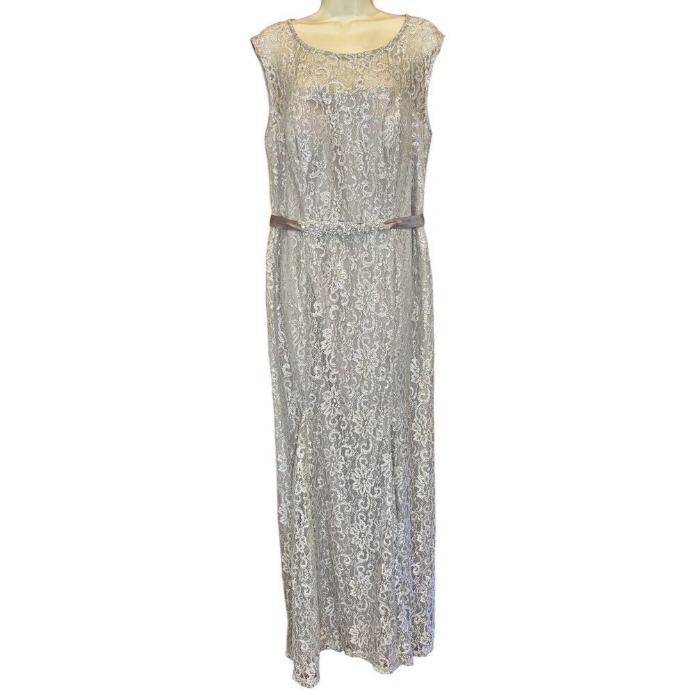 Betsy & Adam Silver Lace Dress with Belt NWT Size 14W